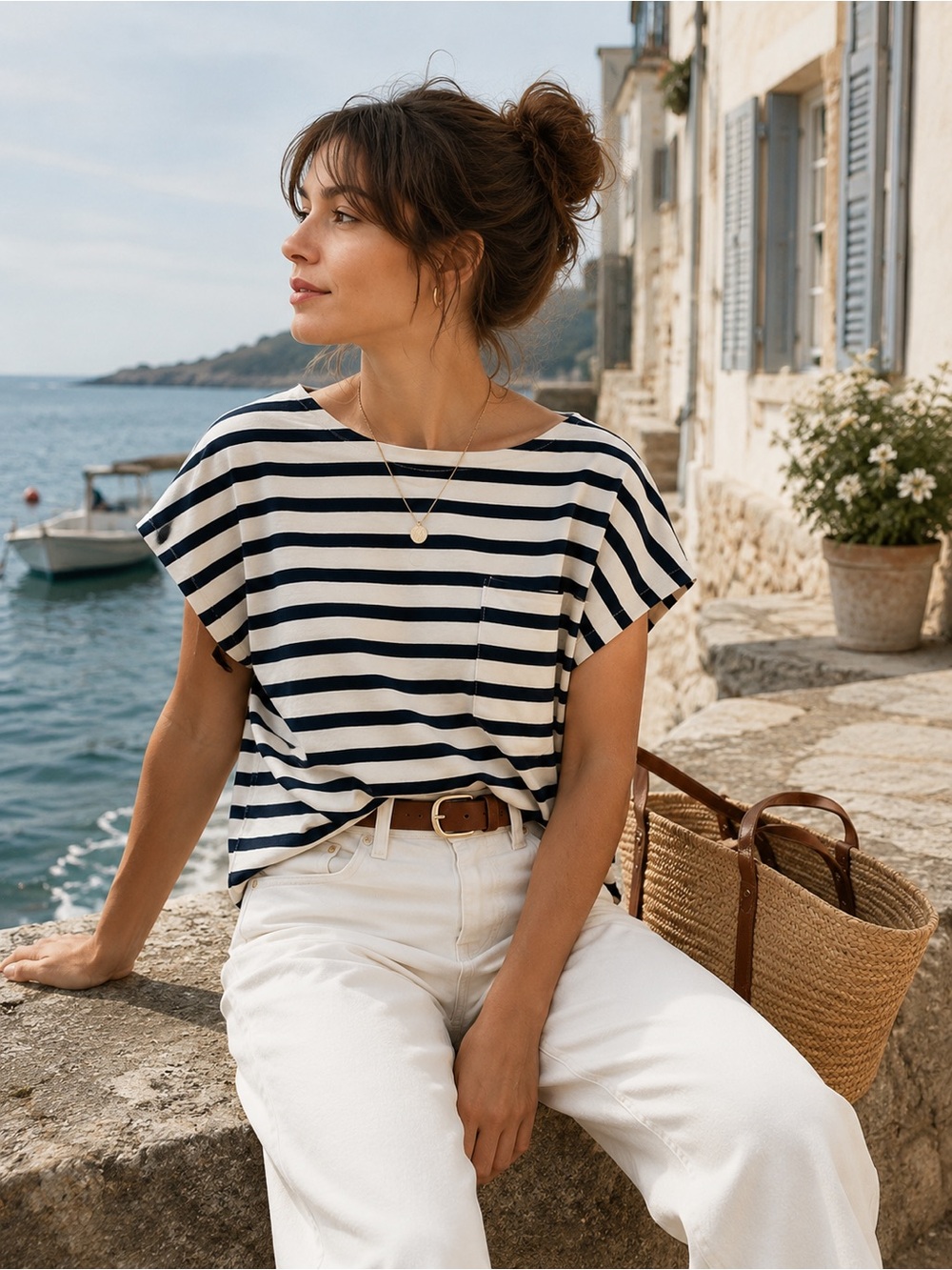 J.Crew Navy Stripe Boatneck Cotton Top NWOT Size Large Coastal French Girl